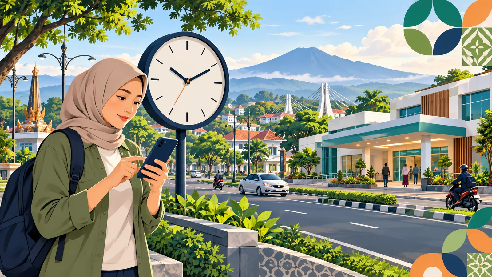 Ilustrasi cek jam operasional Apotek BPJS Purwokerto melalui peta dan checklist sebelum datang